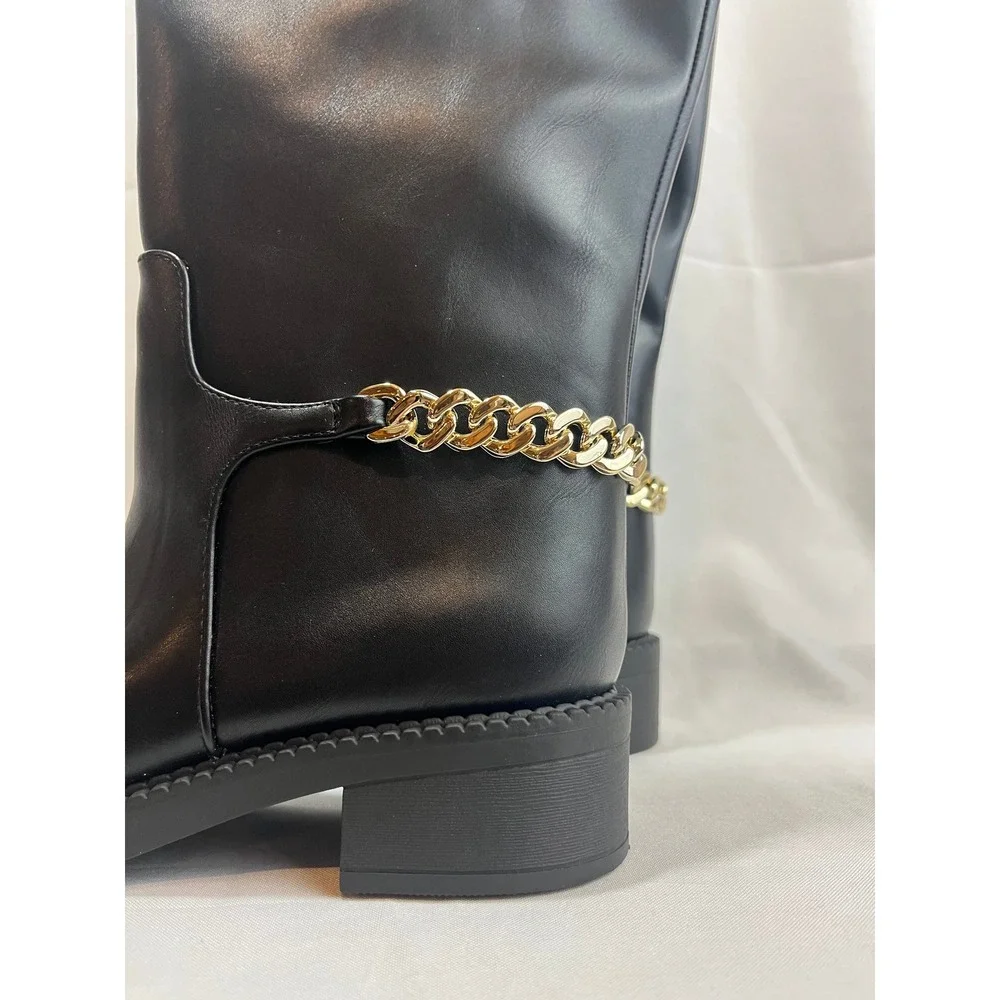 A‎ New Day Womens Black Tall Boots with Gold Chain Detail Size 6.5 Knee High